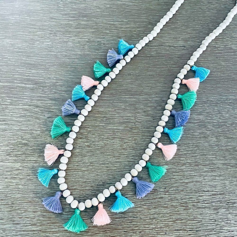 Boho Multi Pastel Thread Tassel Wood Bead Necklace